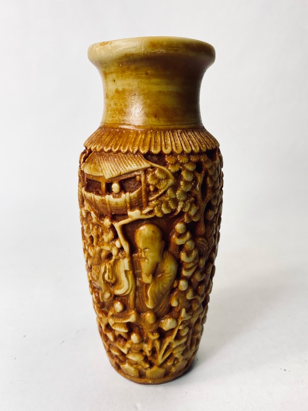 Vintage Asian-style Amber Carved Resin Bud Vase Intricate Figures and Foliage